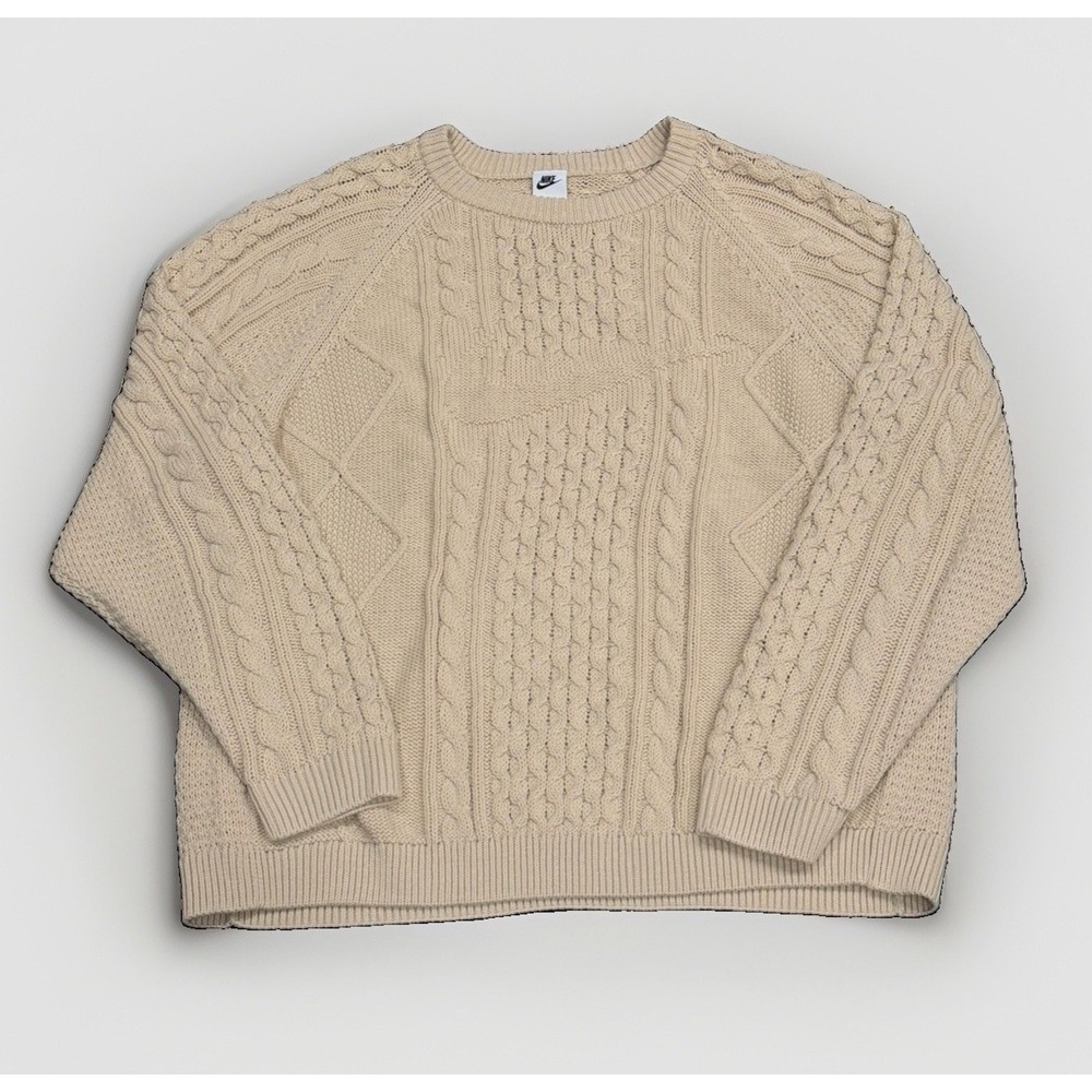 Nike Cable Knit Swoosh Sweater Men's 2XL Beige Rattan Large Logo Polyester Wool